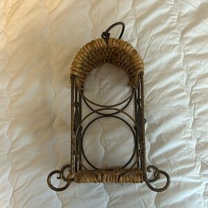 2 bottle tabletop wine holder, wicker and metal